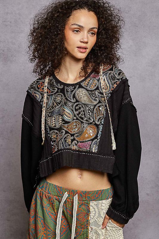 Sequins Cropped Hoodie Top Black