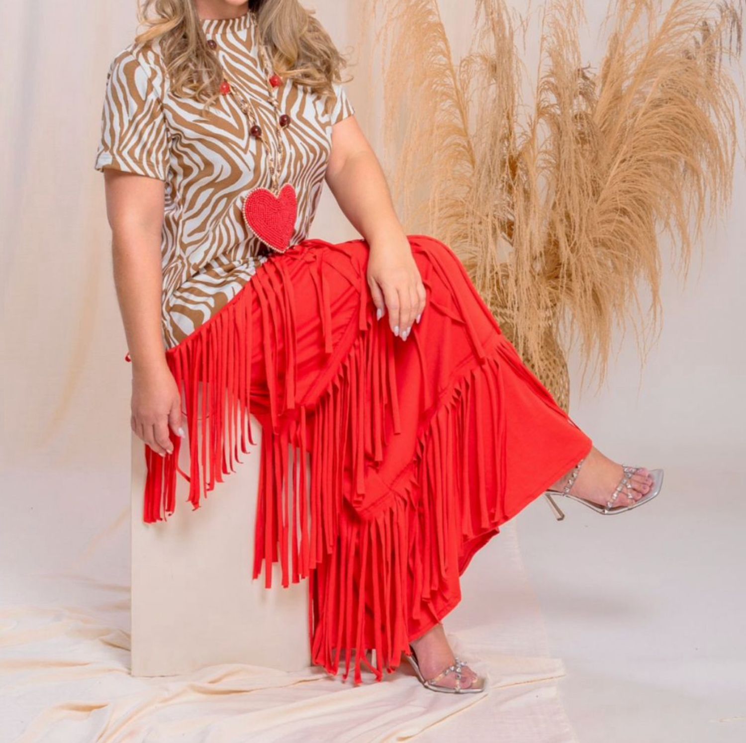Animal print Fringes red Dress