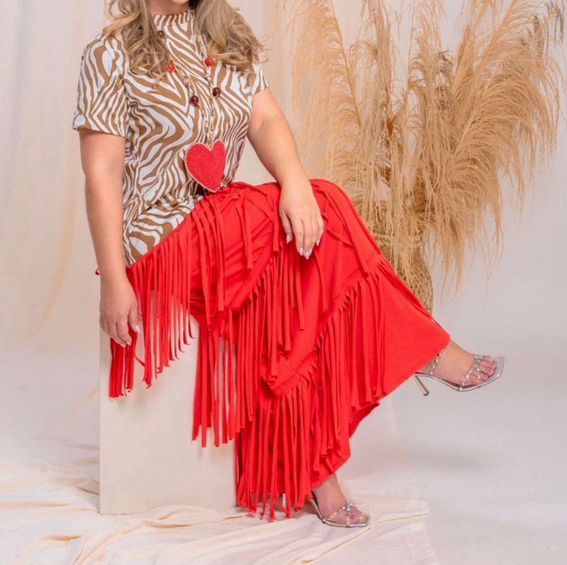 Animal print Fringes red Dress