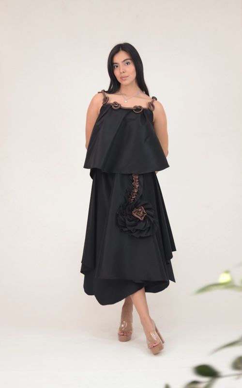  black two-piece set featuring a flowy layered