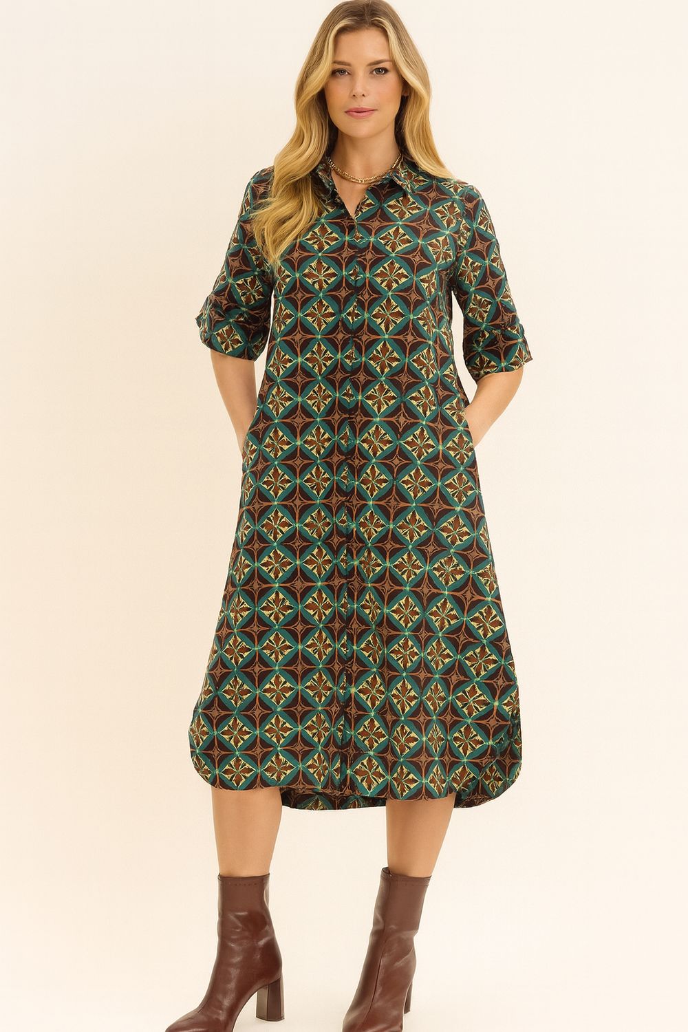 Geometric print short sleeve midi dress