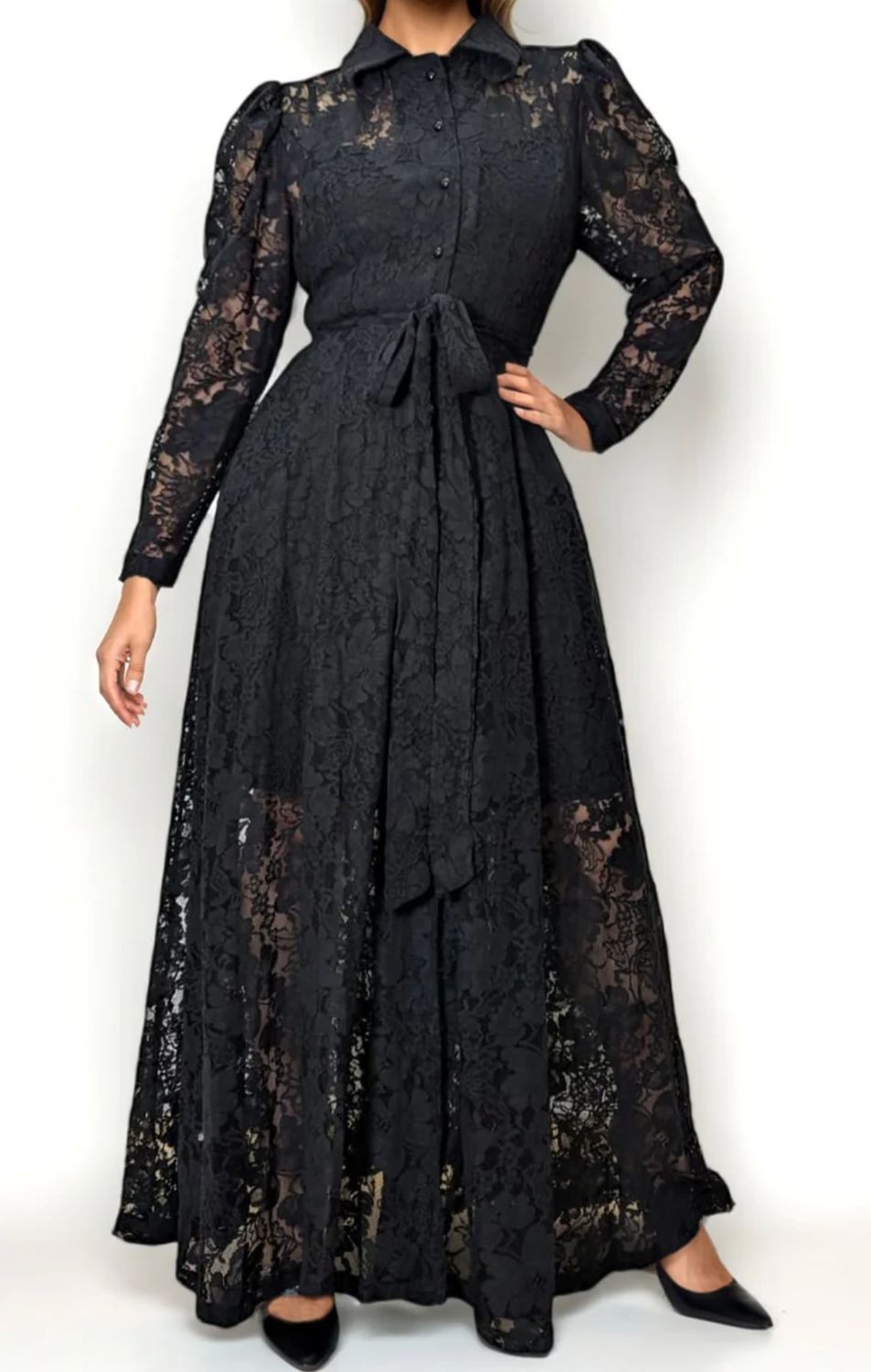 BELTED LACE MAXI DRESS