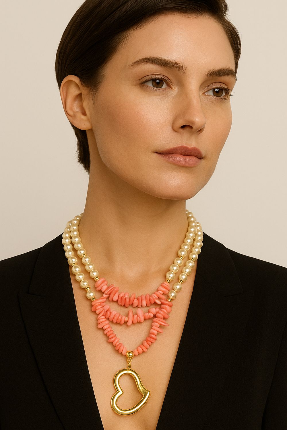 Coral, Pearl and Heart Necklace