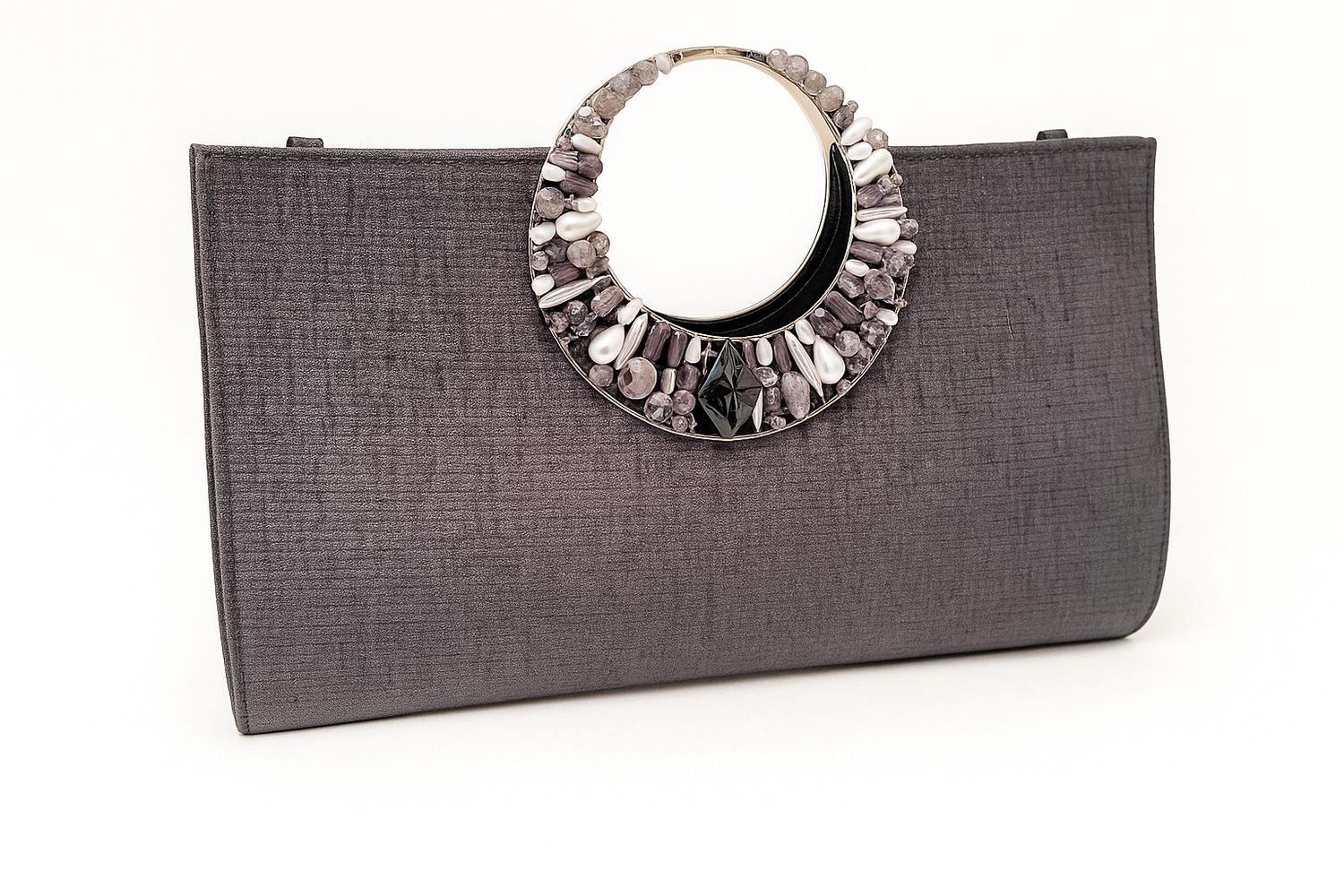 Grey Beaded Handle Clutch