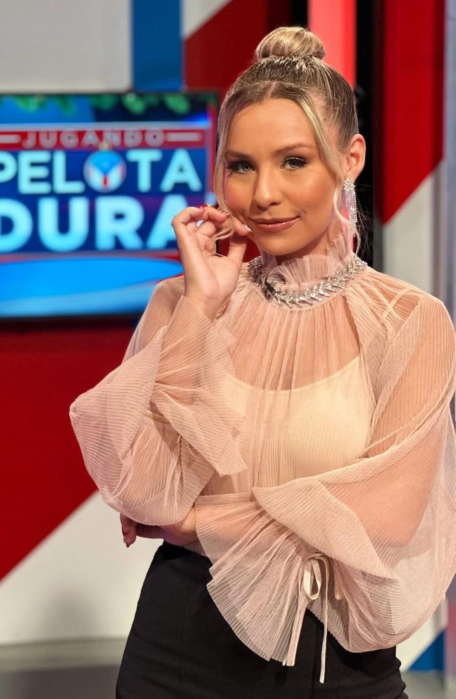 Shiny Necklace Detail See-through Pleats Top