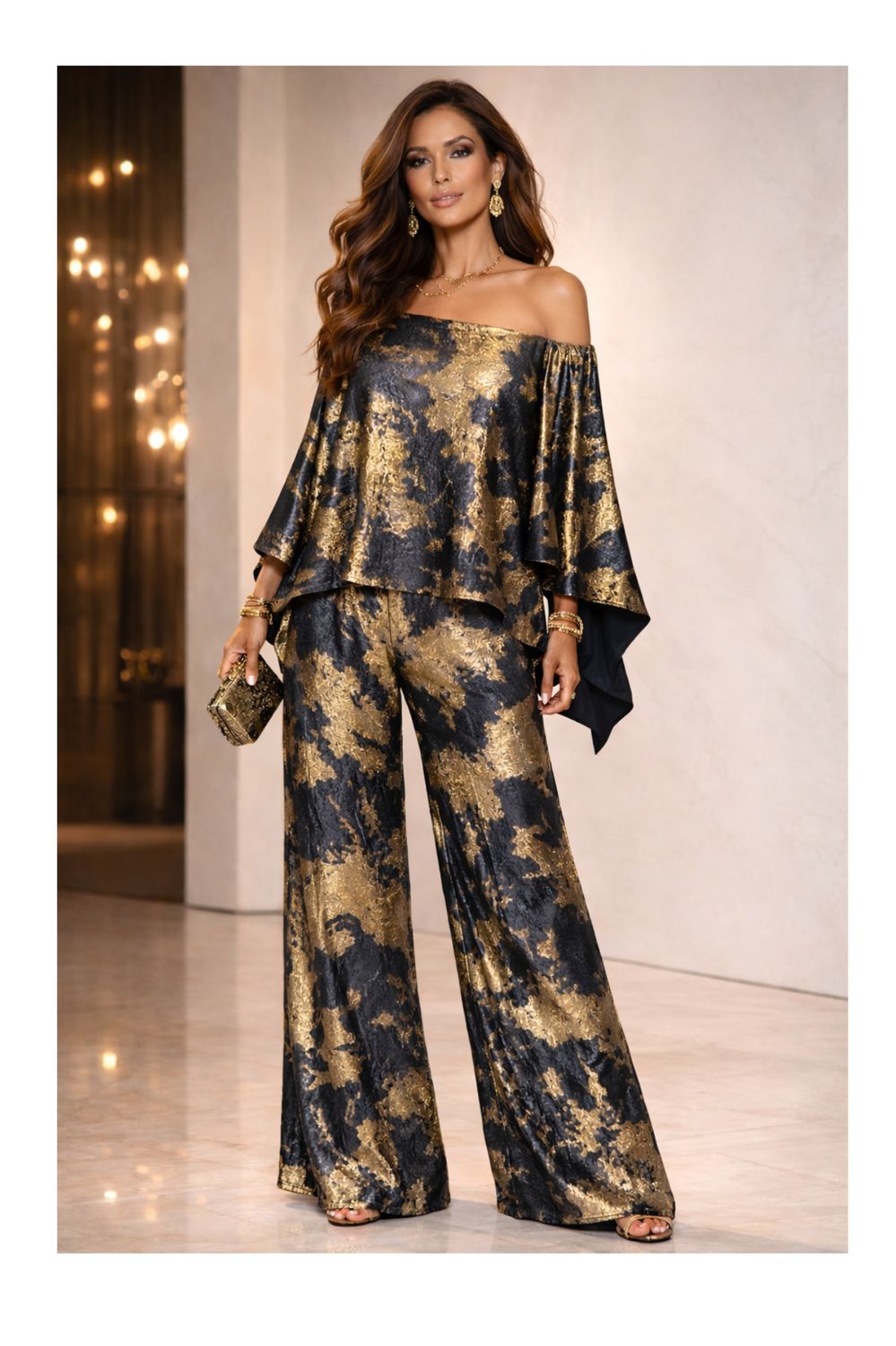 FUSION CRINKLE BLACK &amp; GOLD PANT SET