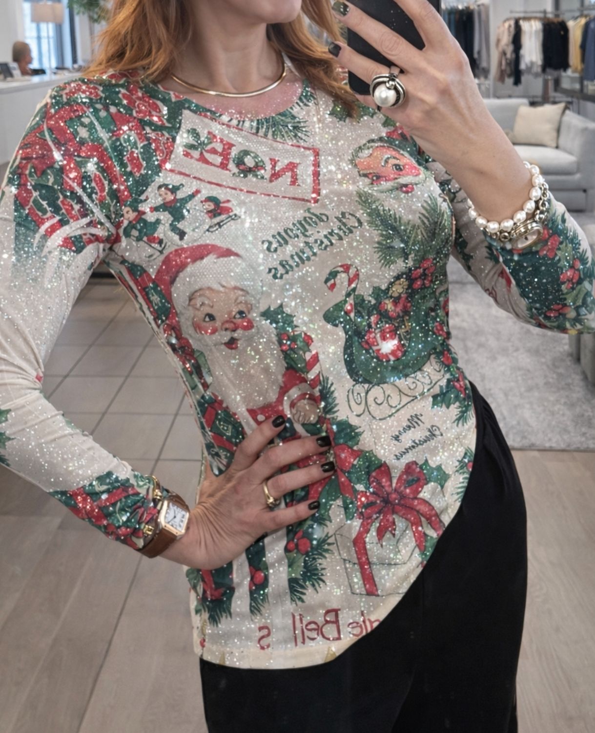 Christmas LONG SLEEVED MESH TOP WITH SPARKLY DETAILS