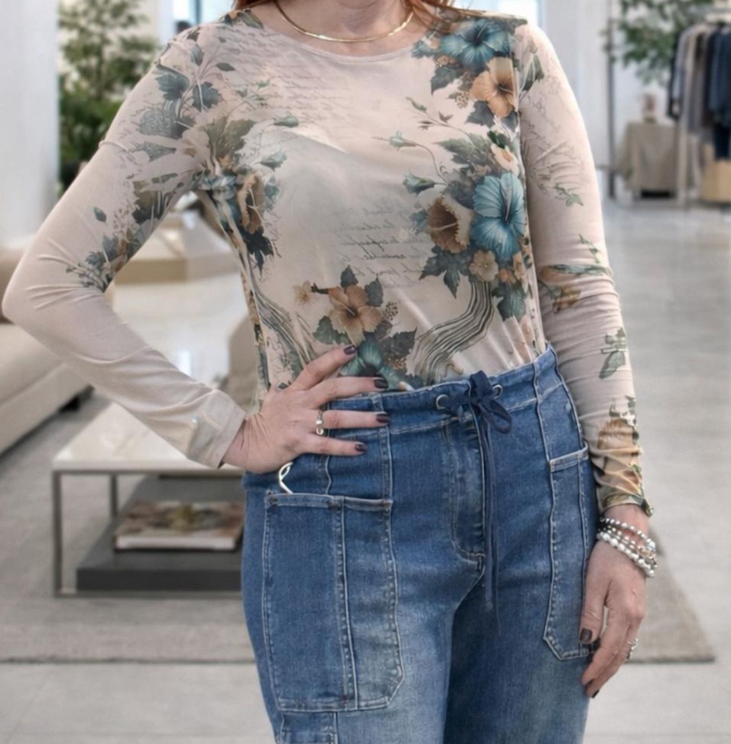 long sleeve mesh top hibiscus