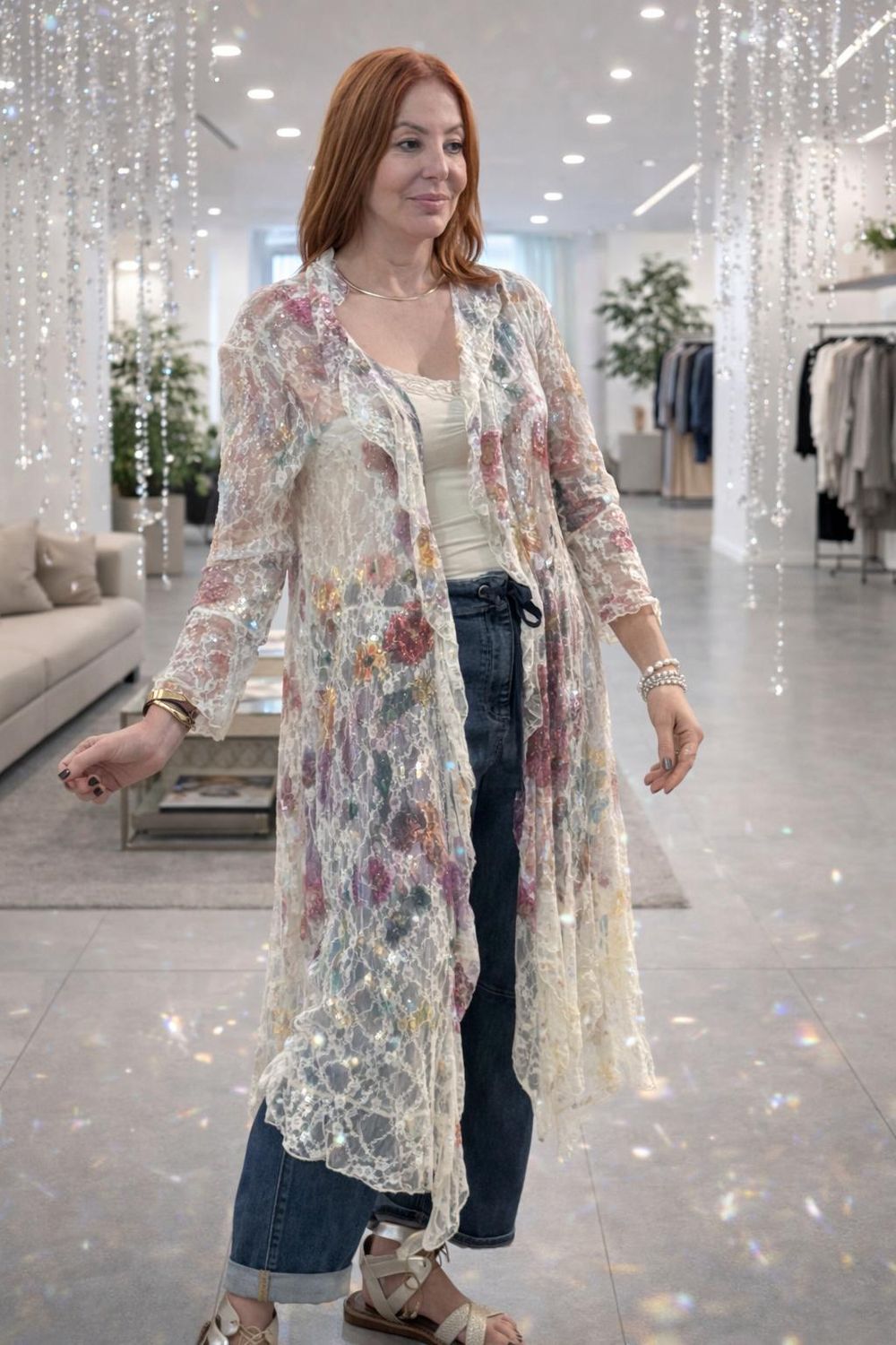 LONG CARDIGAN DUSTER WITH RUFFLED DETAILING