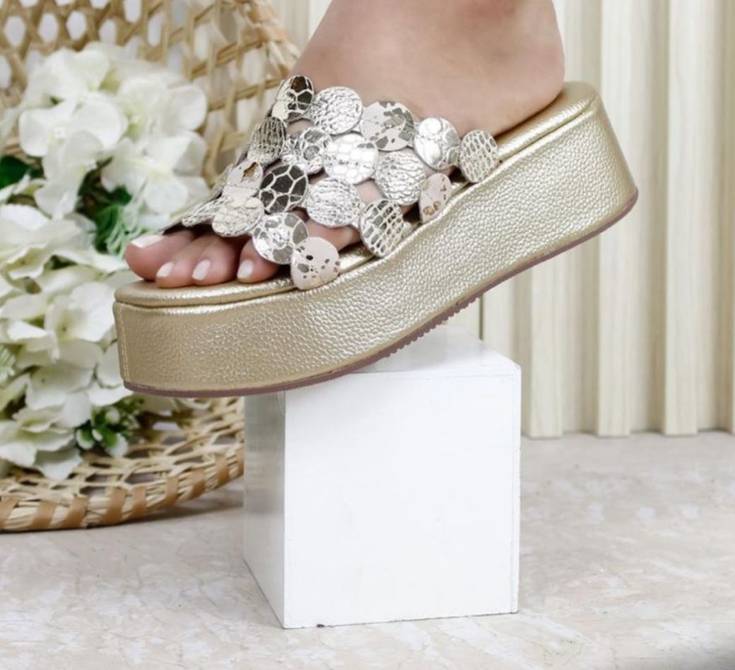 Gold Leather Coins Wedge Sandal 4 Soles