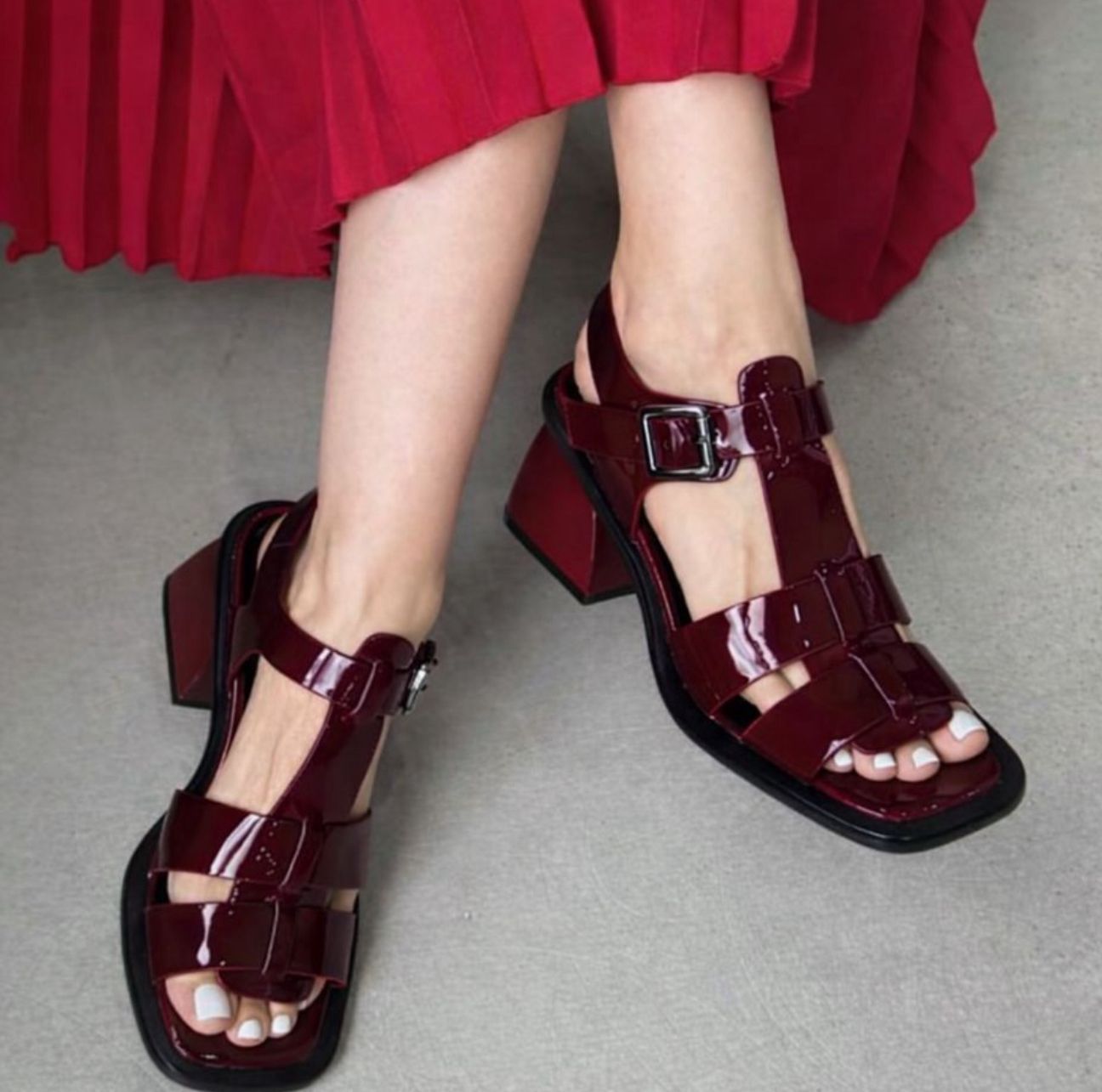 Burgundy Patent Leather Block Heel Sandal