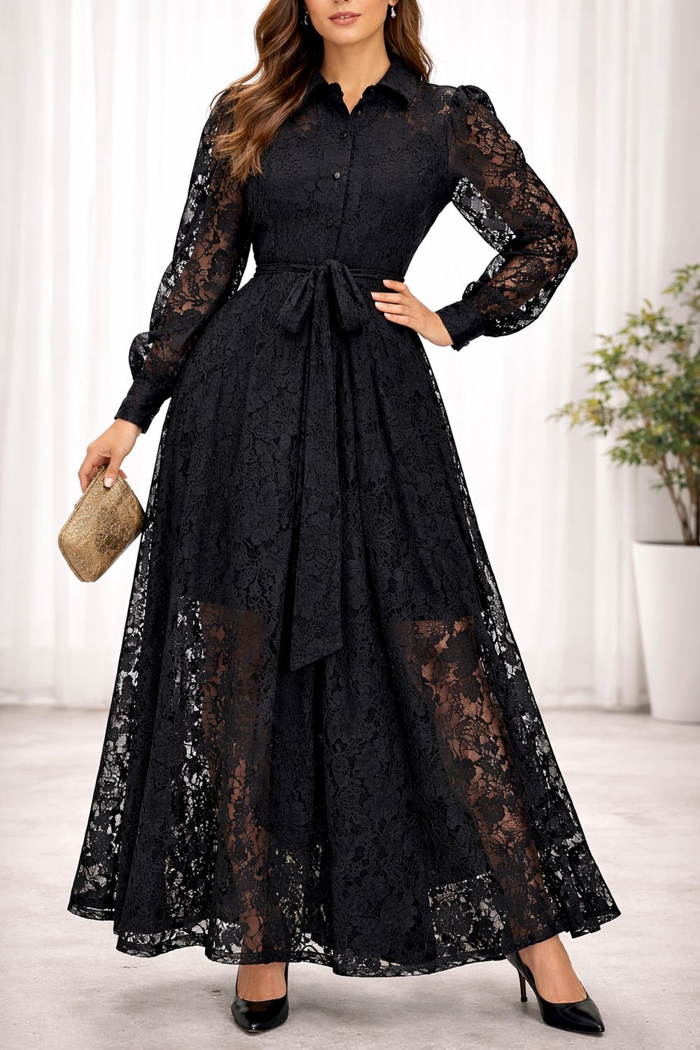 BELTED LACE MAXI DRESS