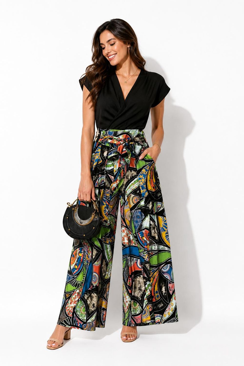 Wide leg colorful pattern side zip pant with tie