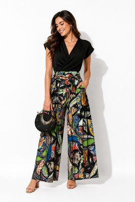 Wide leg colorful pattern side zip pant with tie