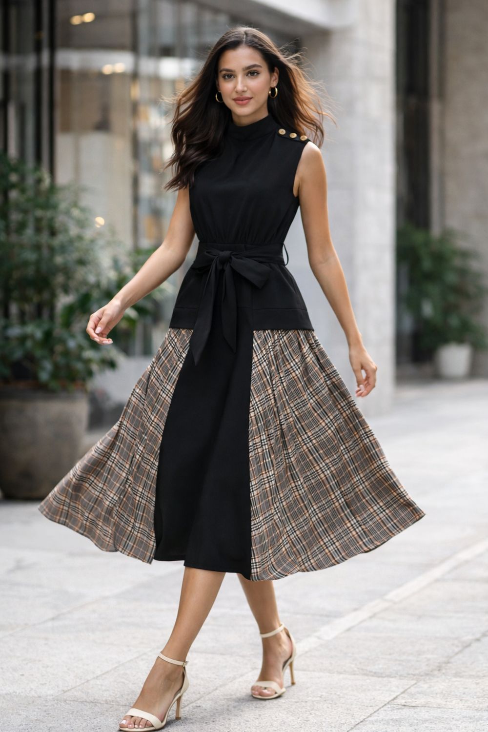 Pleats Skirt Layered Dress w/ Waist Bow by Gracia
