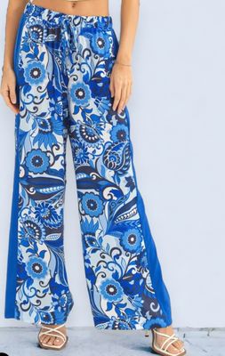 SATIN PAISLEY PRINT WIDE LEG PANTS