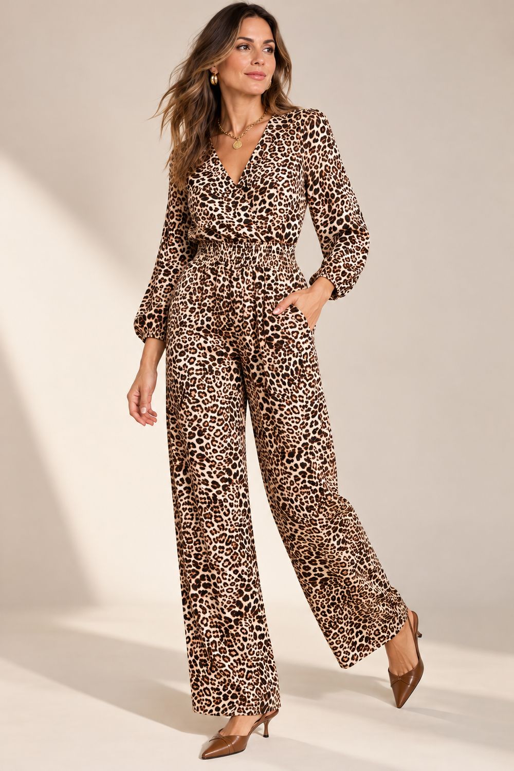 SURPLICE WASIT SMOCKING LONG SLEVEE JUMPSUIT