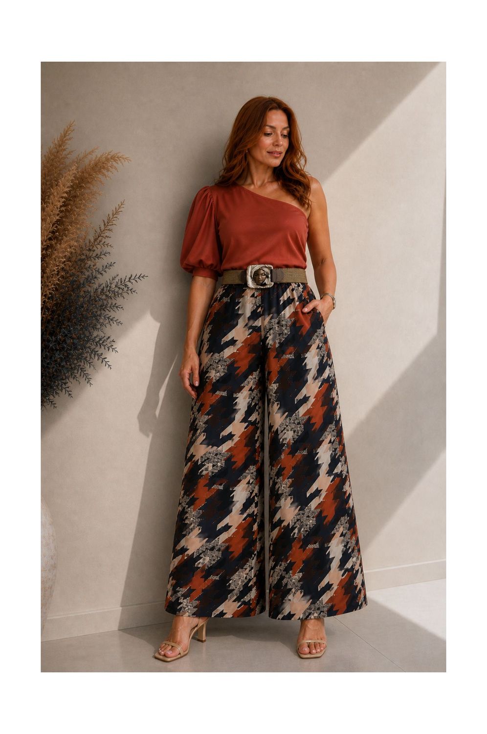 Graphic Houndstooth Side Slit Wide Leg Pants