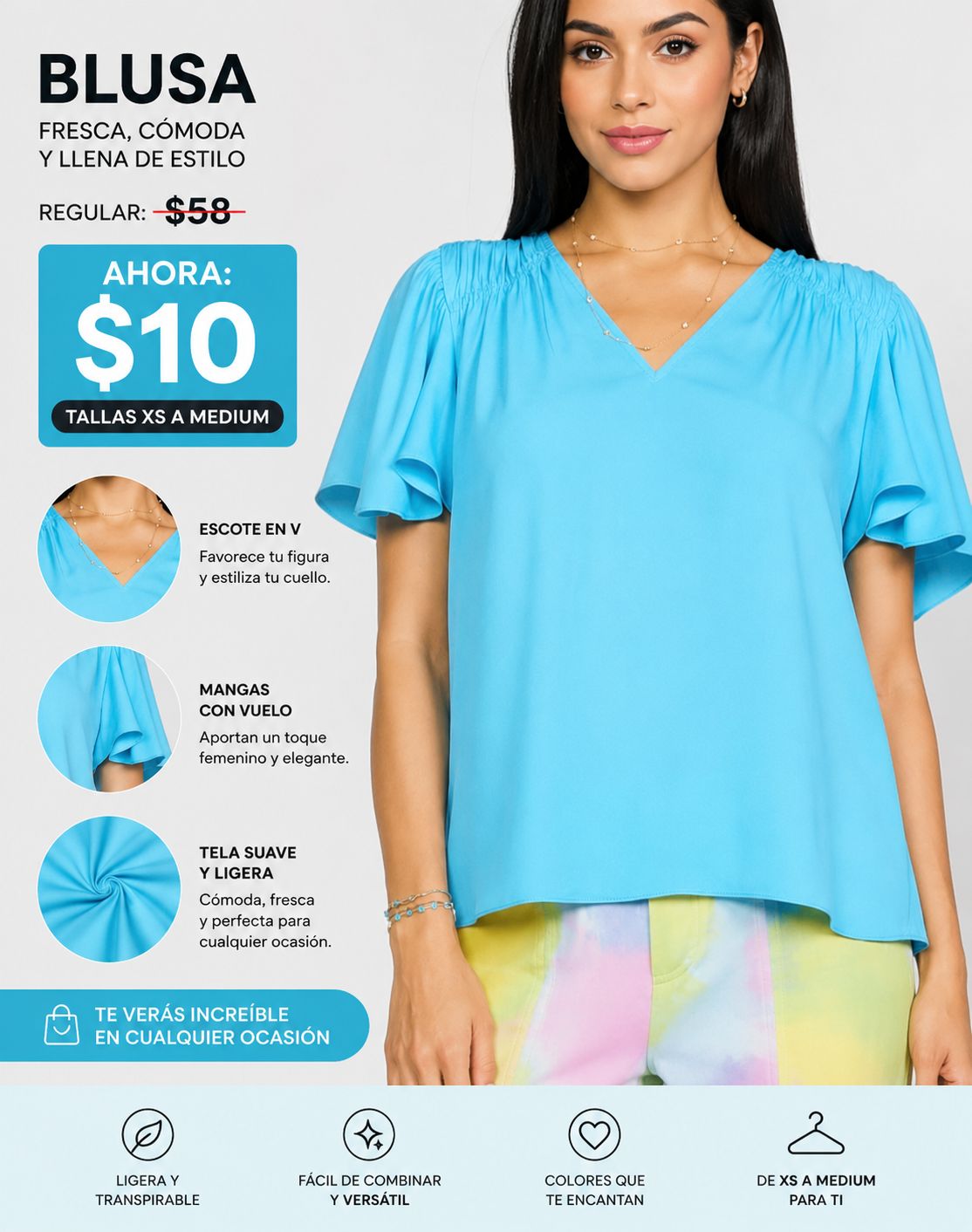 V NECK FLUTTER SLV TOP WITH SHIRRED SHOULDER DETAIL