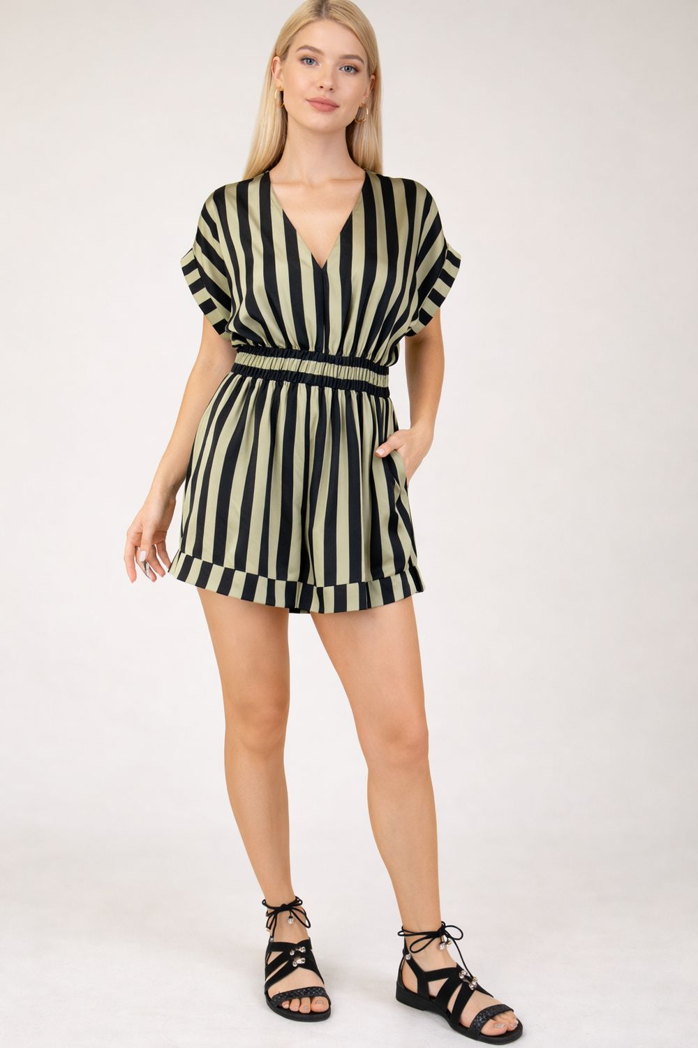 Elastic waist deep V neck striped romper Elastic waist deep V neck striped romper