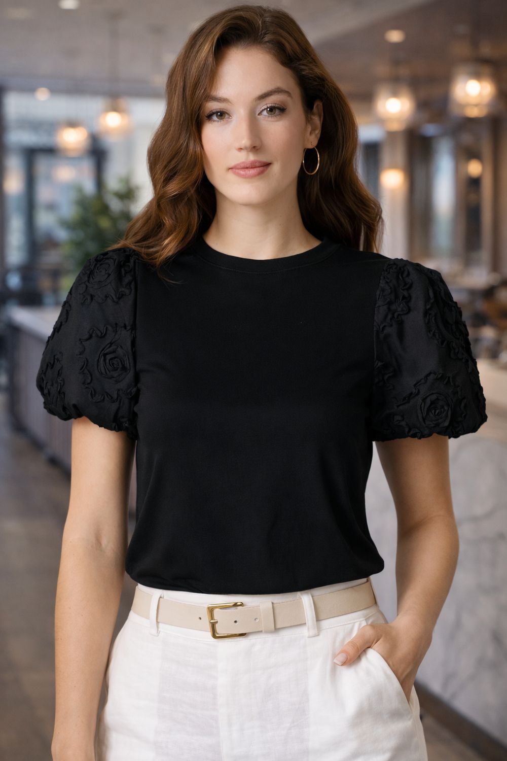 Flower Design Puff Sleeve Top Gracia