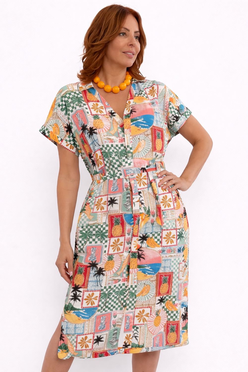 Printed Button From tMidi Dress with Waist Tie Printed Button From tMidi Dress with Waist Tie
