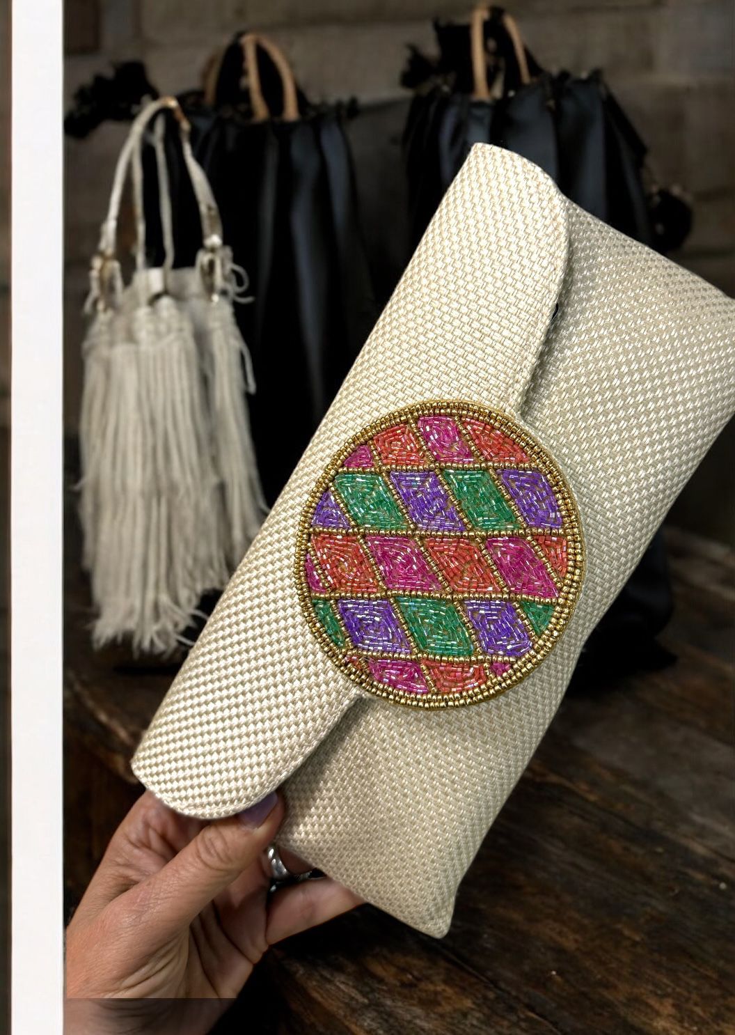 Diamond Bead Circle Clutch, Color: Natural