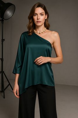 Shiny Hammered Satin One Sleeve Top Pine Green Shiny Hammered Satin One Sleeve Top Pine Green