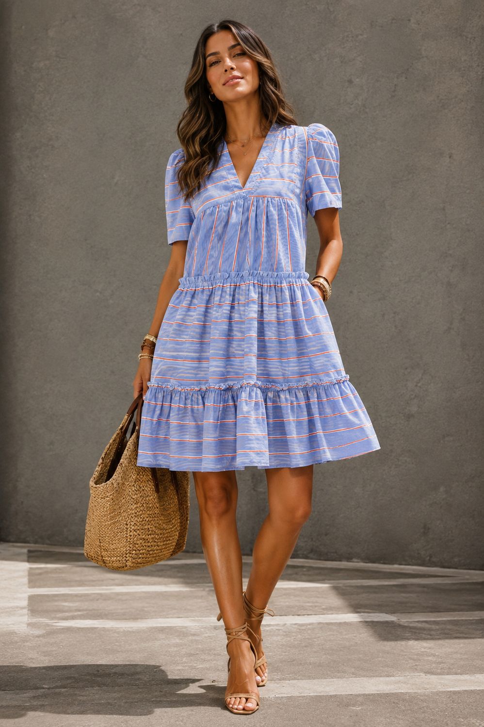 STRIPED V NECK SHORT SLEEVE RUFFLE DRESS STRIPED V NECK SHORT SLEEVE RUFFLE DRESS