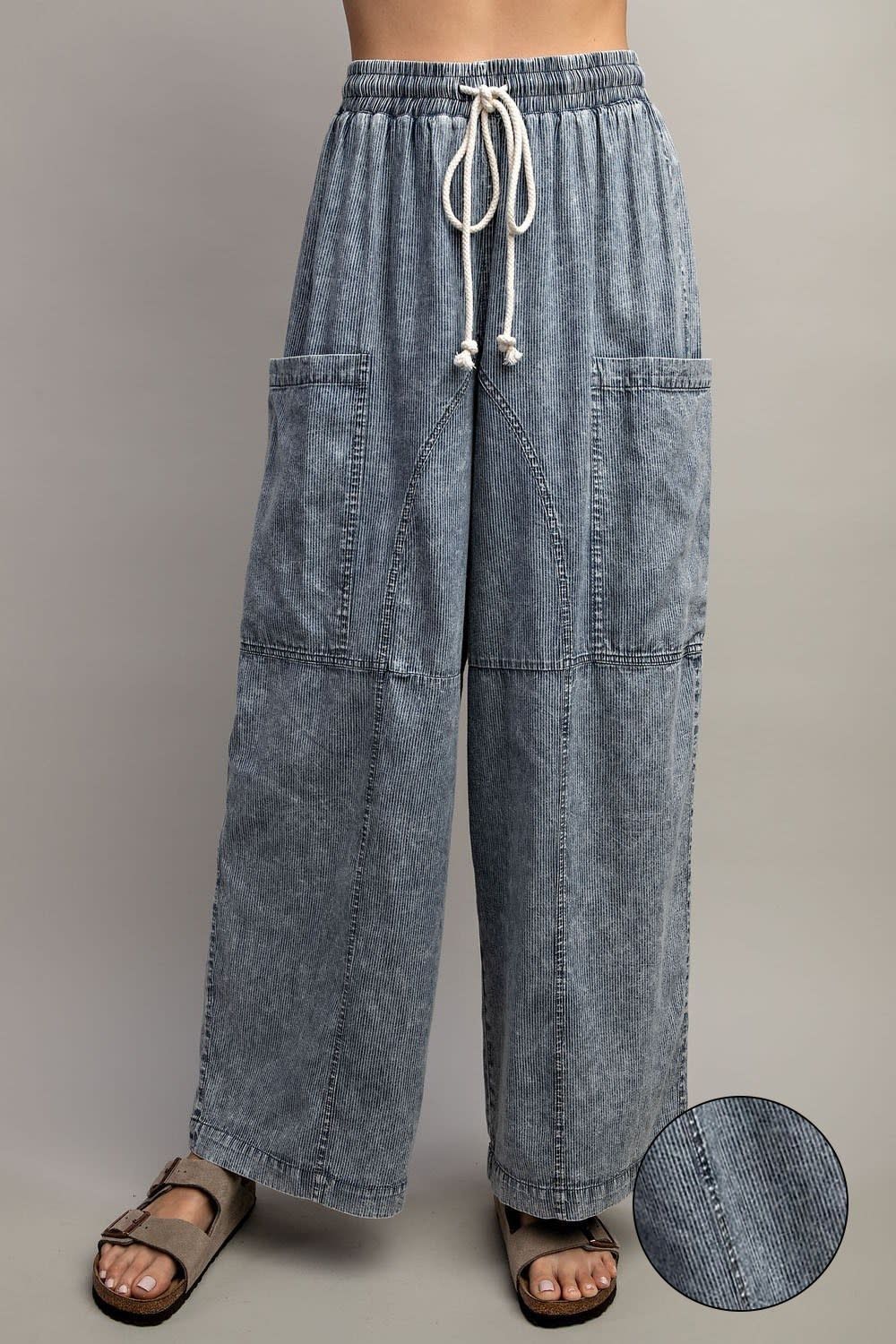 PLUS STONE WASHED PINSTRIPED WIDE LEG PANTS