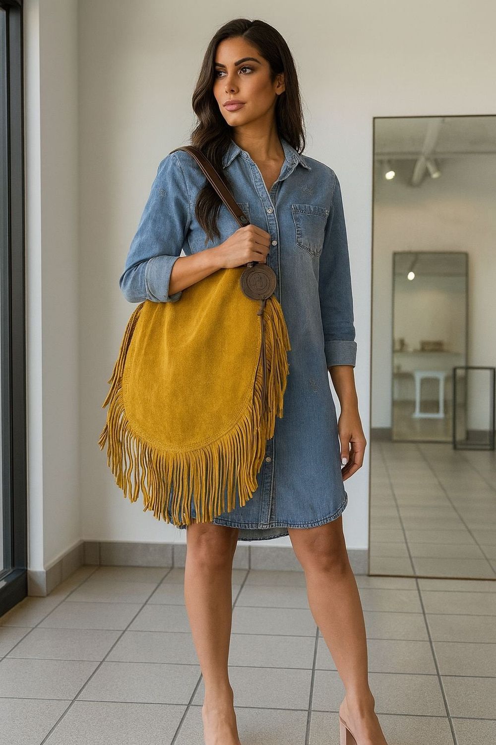 Big Boho Leather Bag Hand Made by 4 Soles, Color: mustard