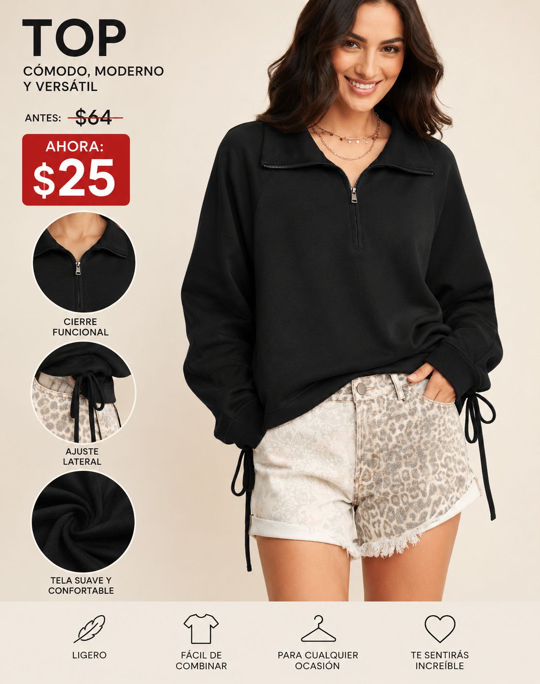 SOLID LONG SLEEVE ZIP FRONT MOCK NECK CROPPED TOP