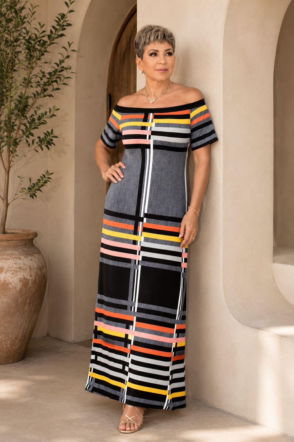 Print Color Stripe Maxi Dress by Designer