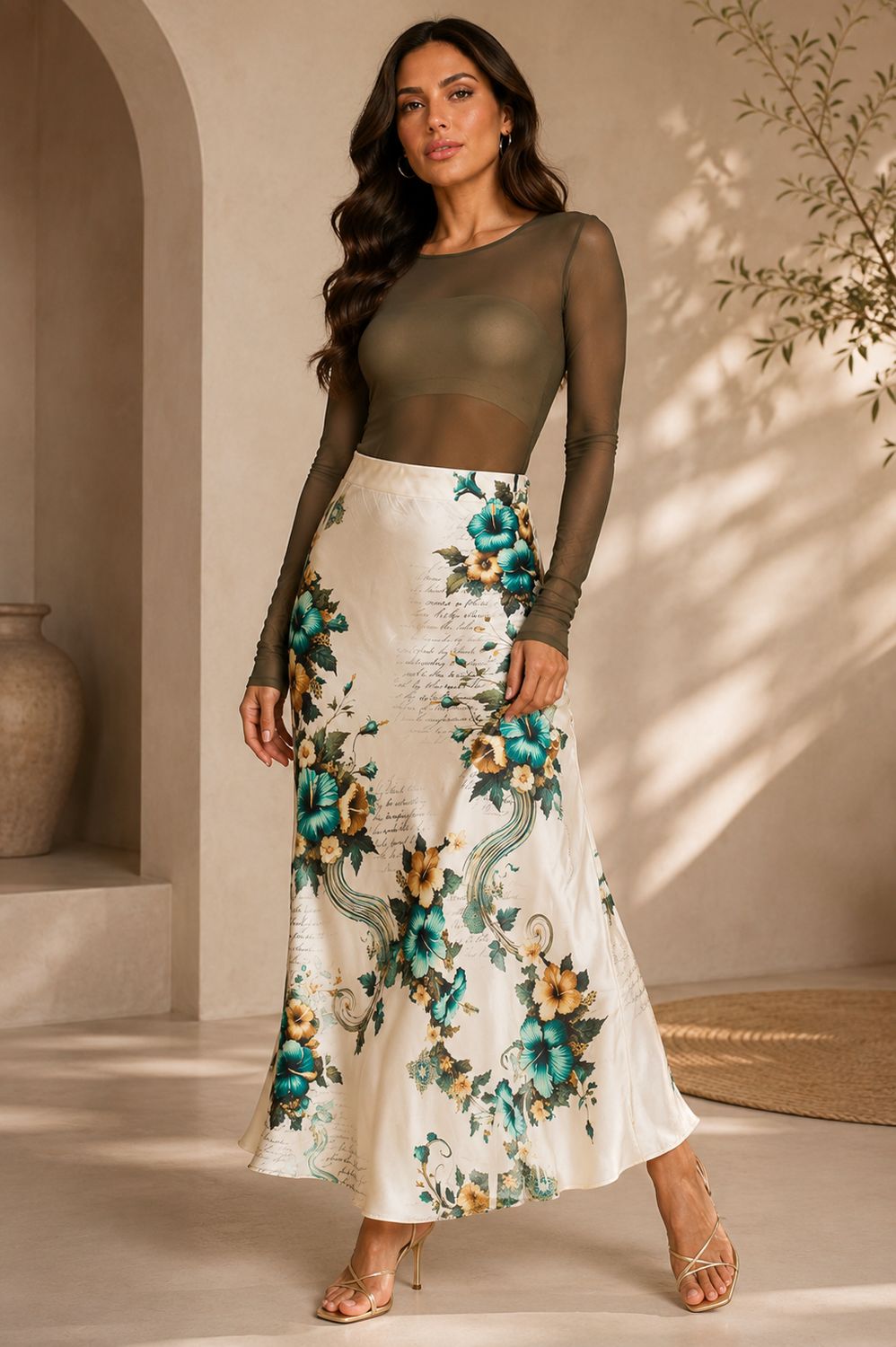 LONG SATIN SKIRT Hibiscus