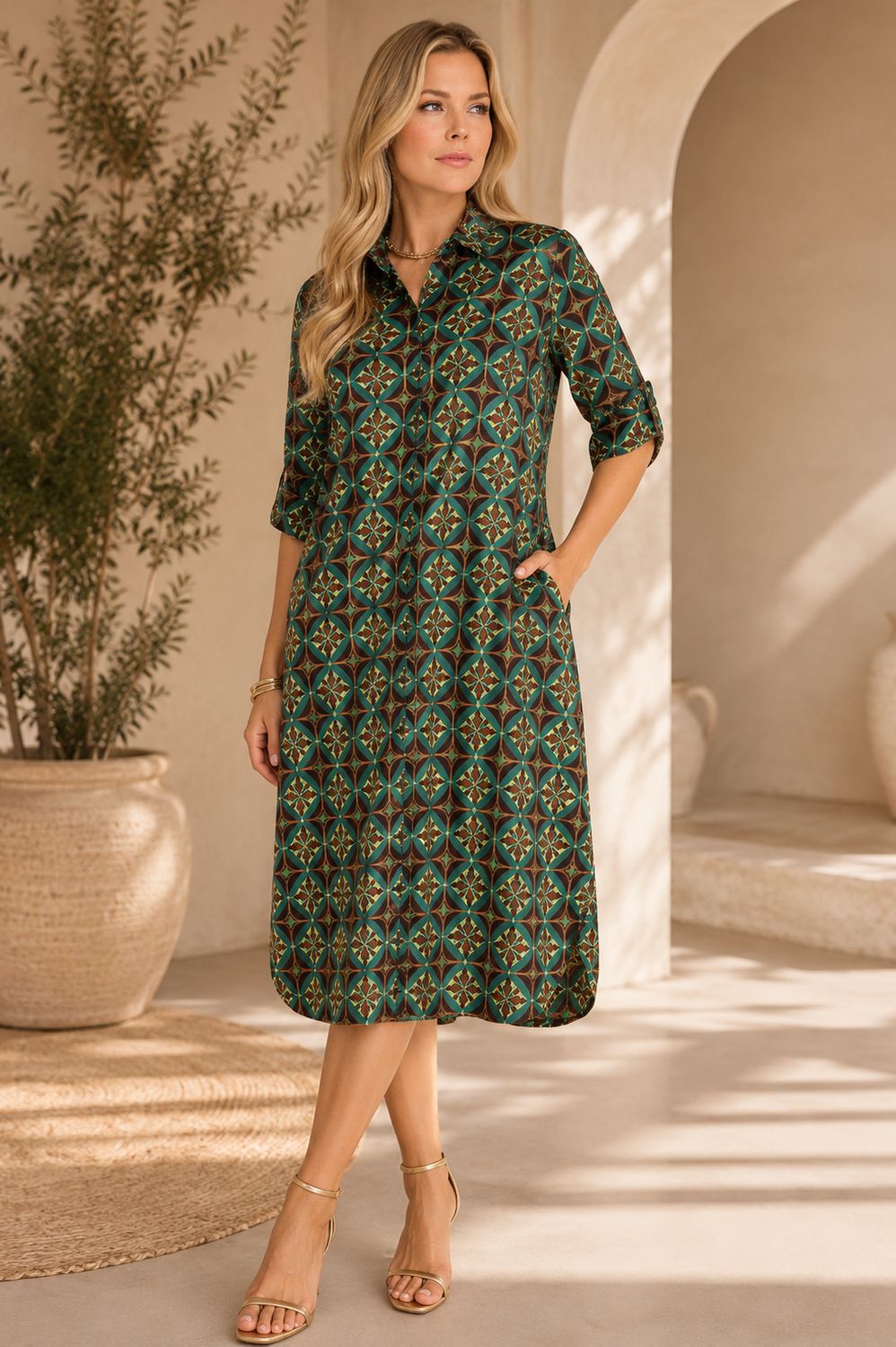 Geometric print short sleeve midi dress
