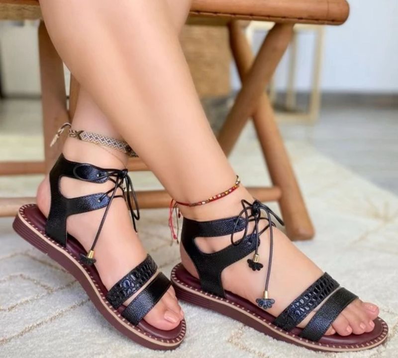 Black Leather  Lace-Up Sandal