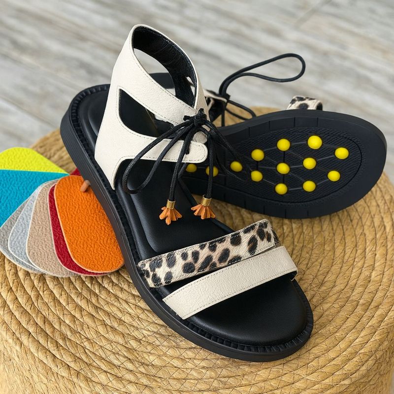 Cream/Animal Print Leather Lace-Up Sandal