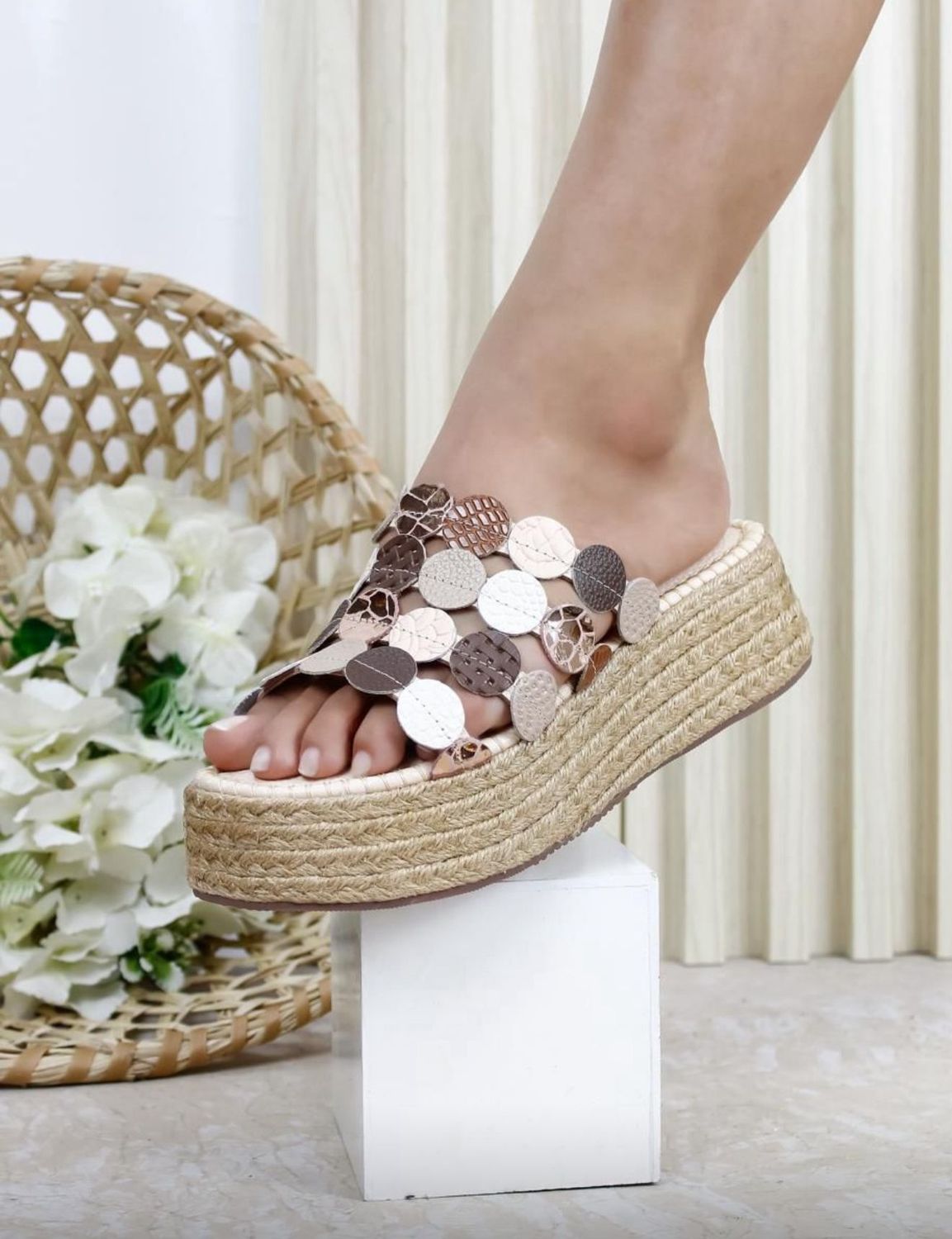 Natural Leather Coins Wedge Sandal 4 Soles