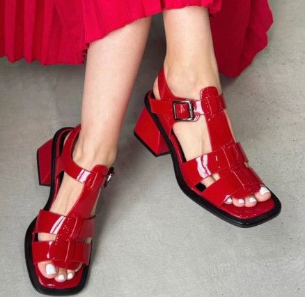 Red  Patent Leather Block Heel Sandal