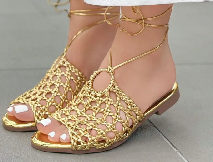 Gold Woven Lace-Up Sandal