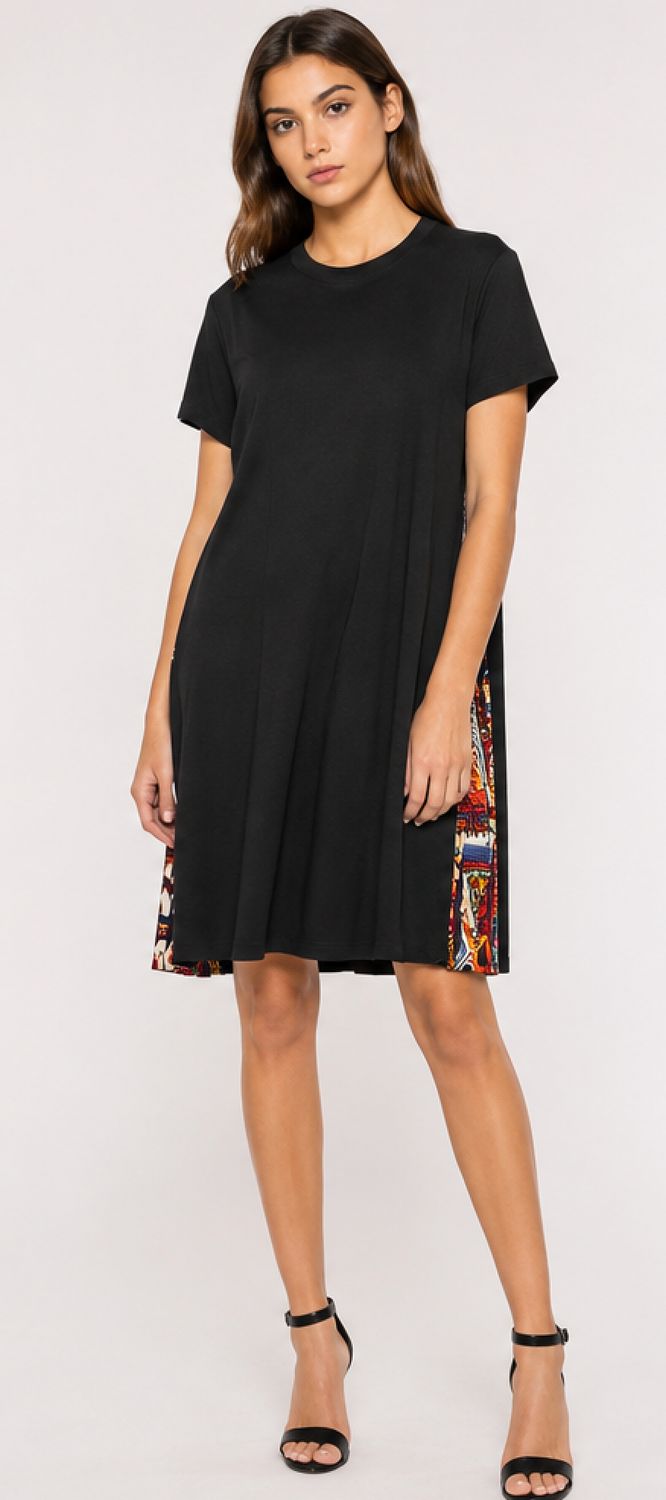 Short Sleeve Dress with Side Zipper Print Pleats