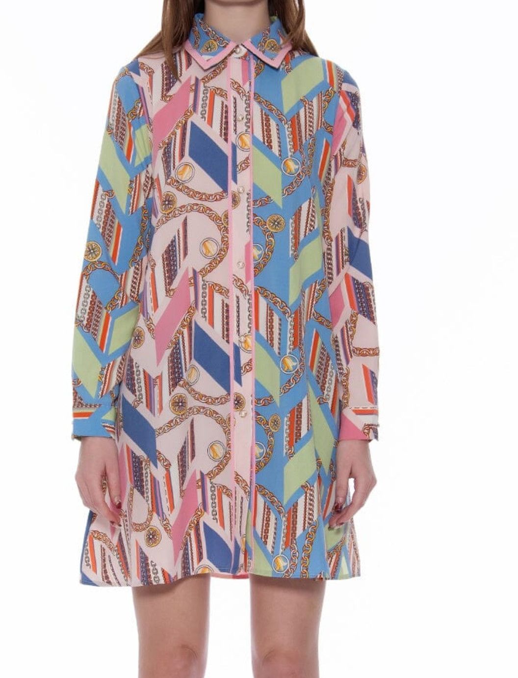 Alternating Color Chain Pattern Shirt Dress