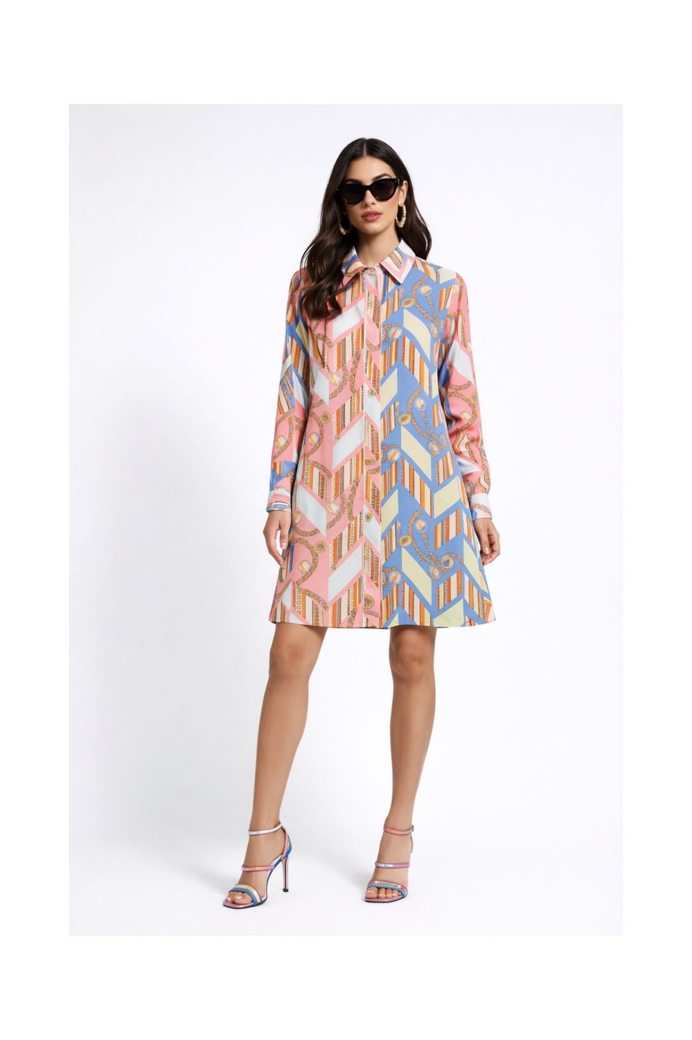 Alternating Color Chain Pattern Shirt Dress