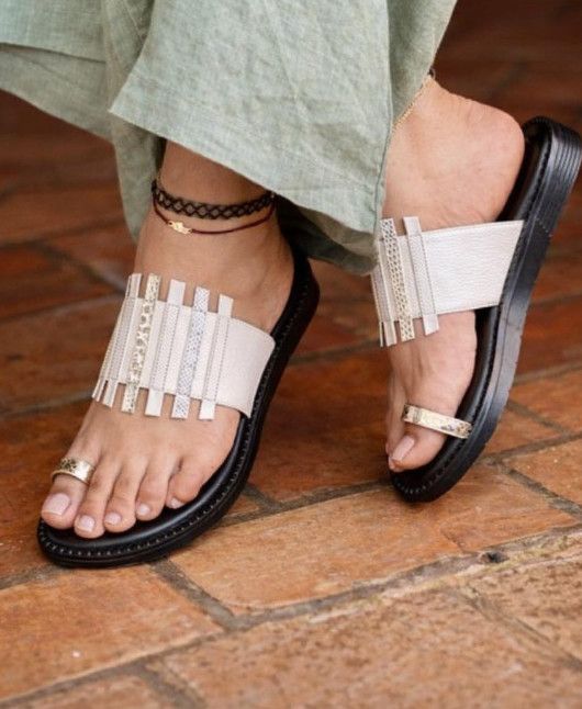 Beige and gold Leather Sandals Leather Slide