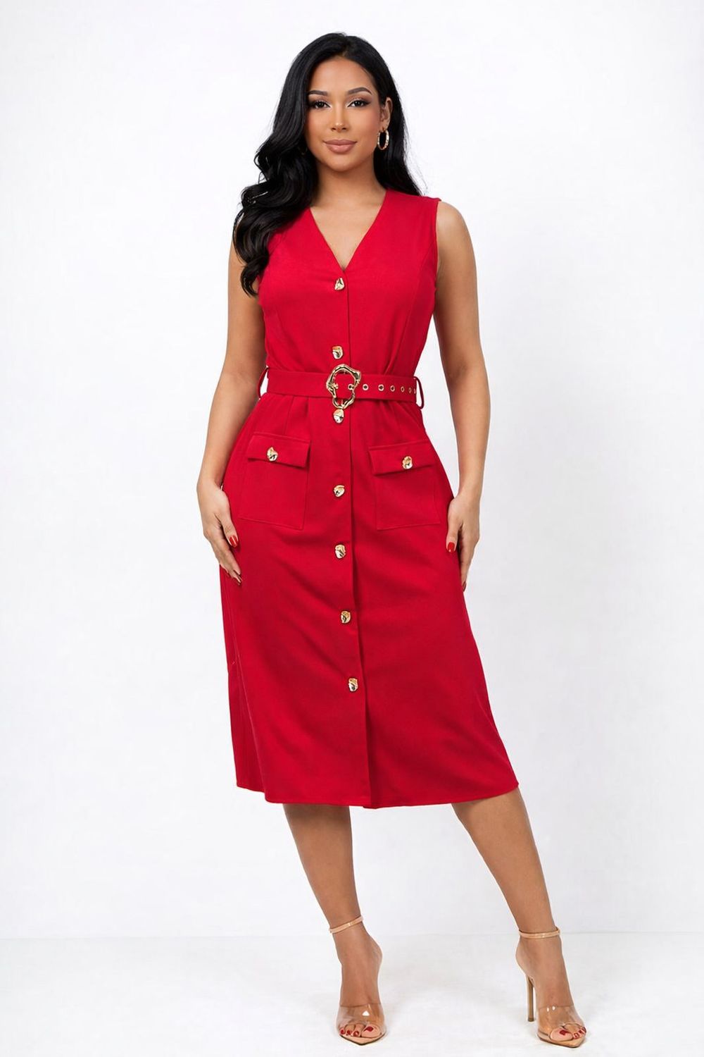 Red Belted Midi Dress