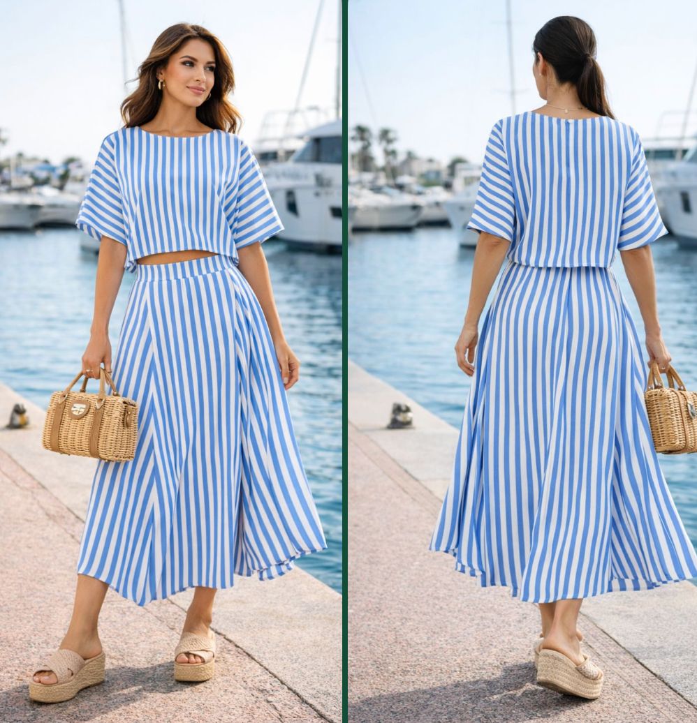 Striped loose fit top and flared midi skirt set
