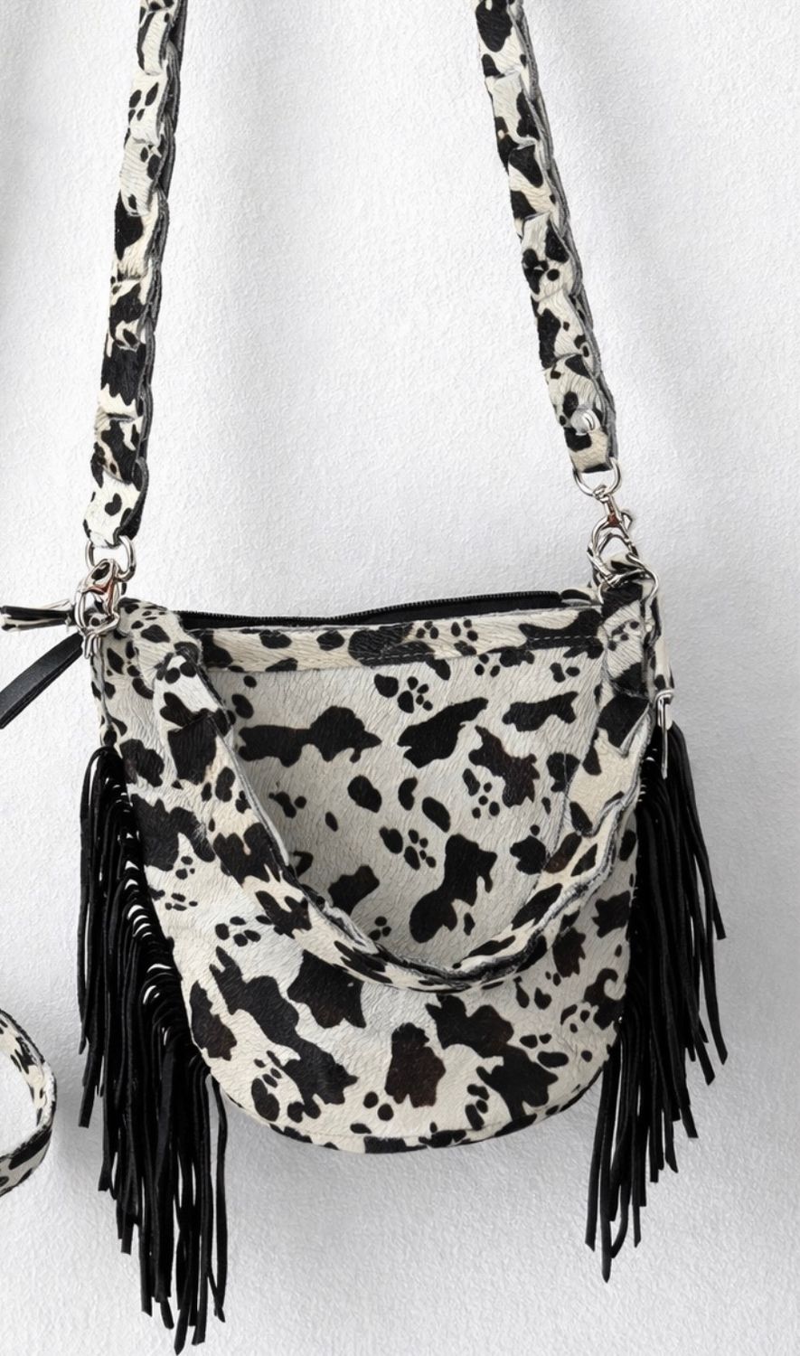Cow Print Fringe Leather Crossbody Bag