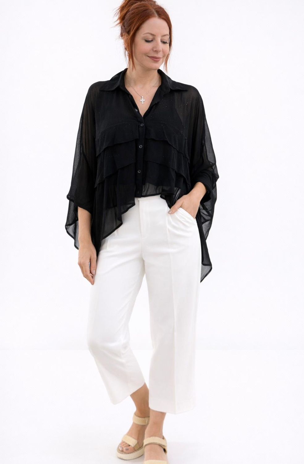 mesh long sleeve 4 pleated top Black