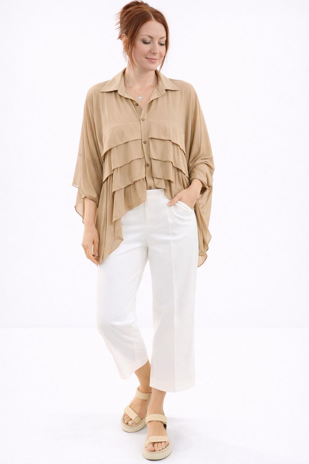 mesh long sleeve 4 pleated top Sand