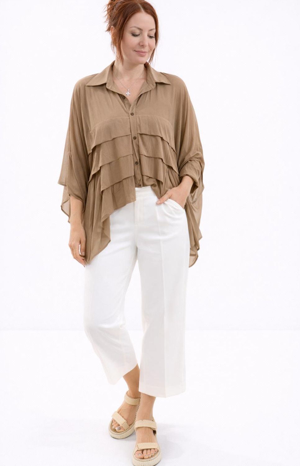 mesh long sleeve 4 pleated top camel